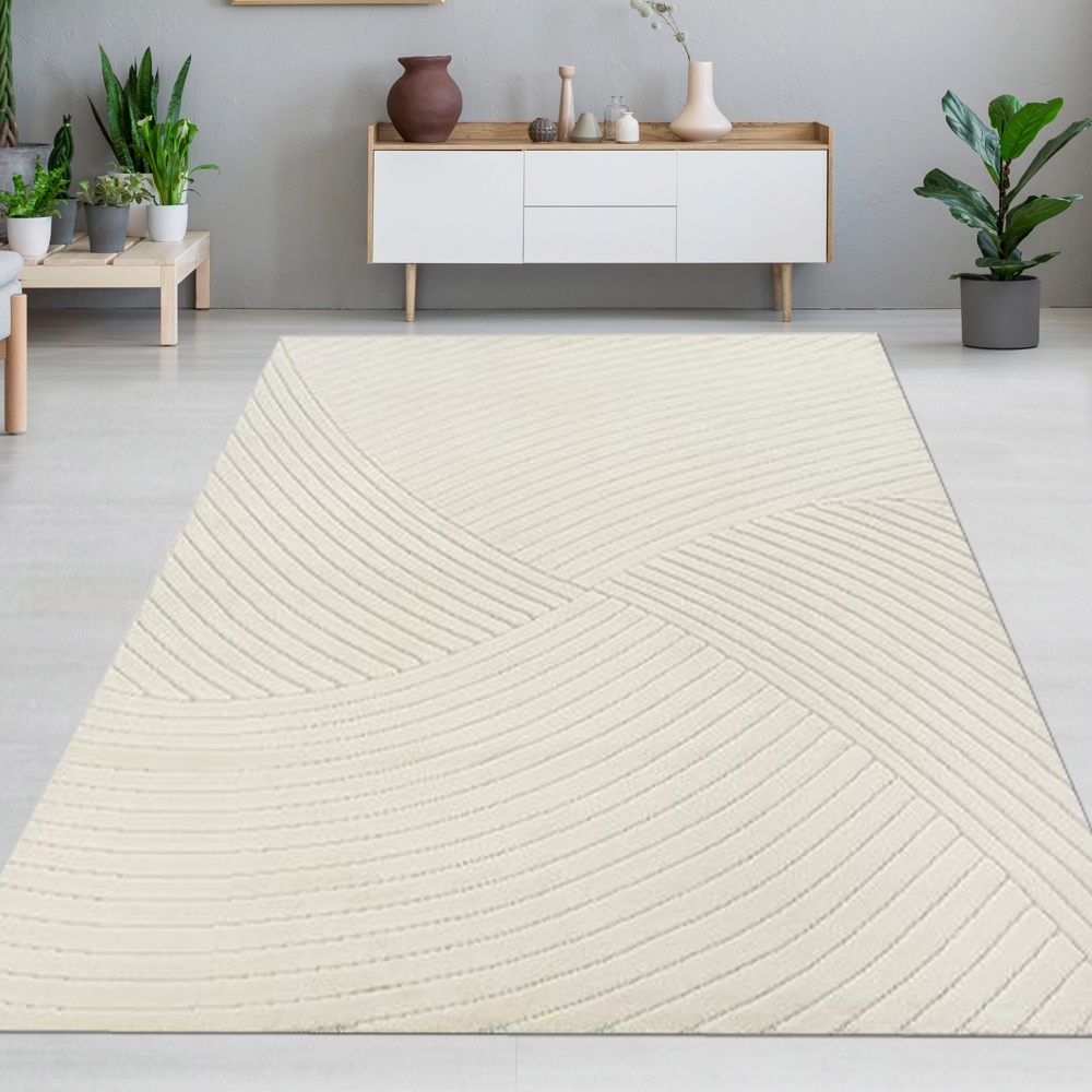 Kurzer weicher Wohnzimmerteppich Niedrigflor mit speziellem Linienmuster in Creme