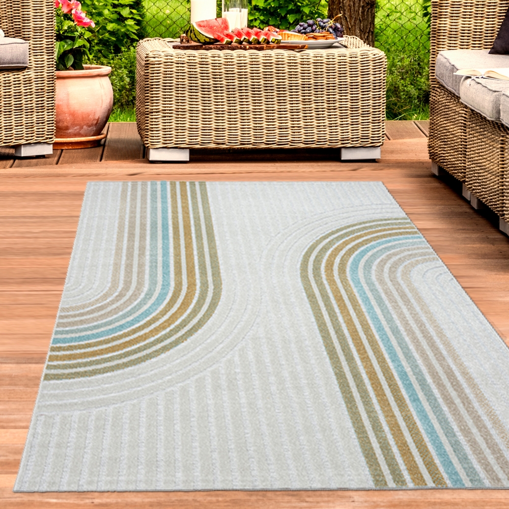 Vielseitiger In- & Outdoor Teppich in Creme mit Linienmuster in bunt