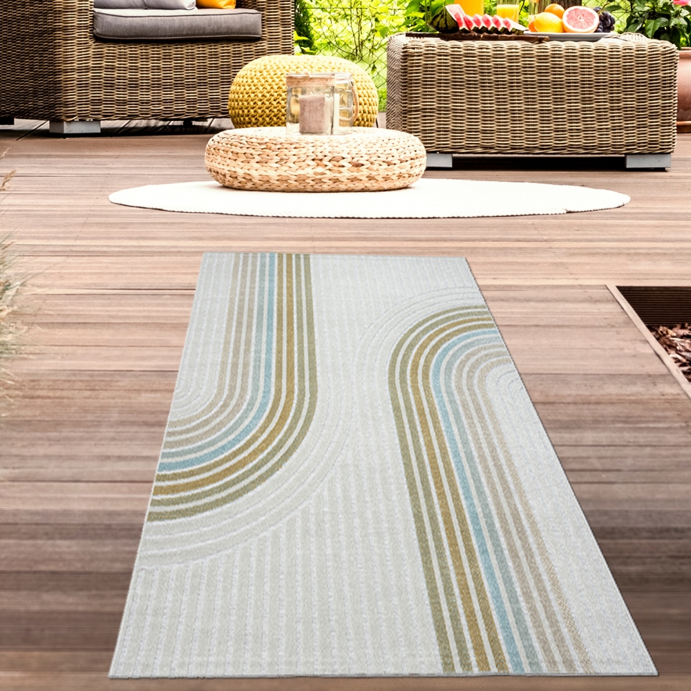 Vielseitiger In- & Outdoor Teppich in Creme mit Linienmuster in bunt