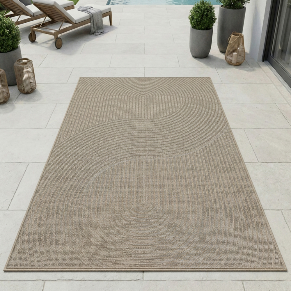 Teppich Outdoor grafisches Linienmuster wetterfest Terrasse Balkon Beige