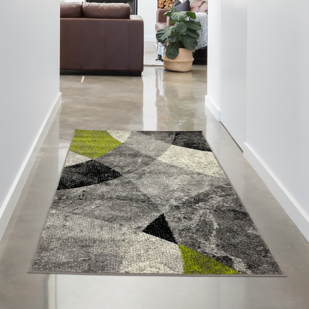 Abstrakter Wohnzimmer Teppich mit modernem marmorierten Wellen Rauten Design in grün grau - pflegeleicht