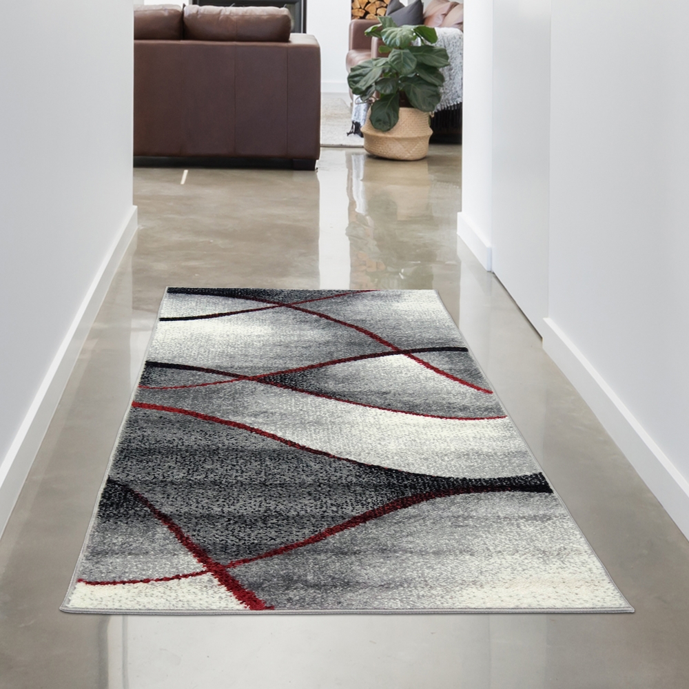 Teppich Wohnzimmer modernes Wellen Design in grau anthrazit rot - pflegeleicht