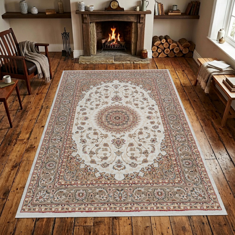 Teppich Creme Beige mit präzisem Medaillon und Ornamentstruktur