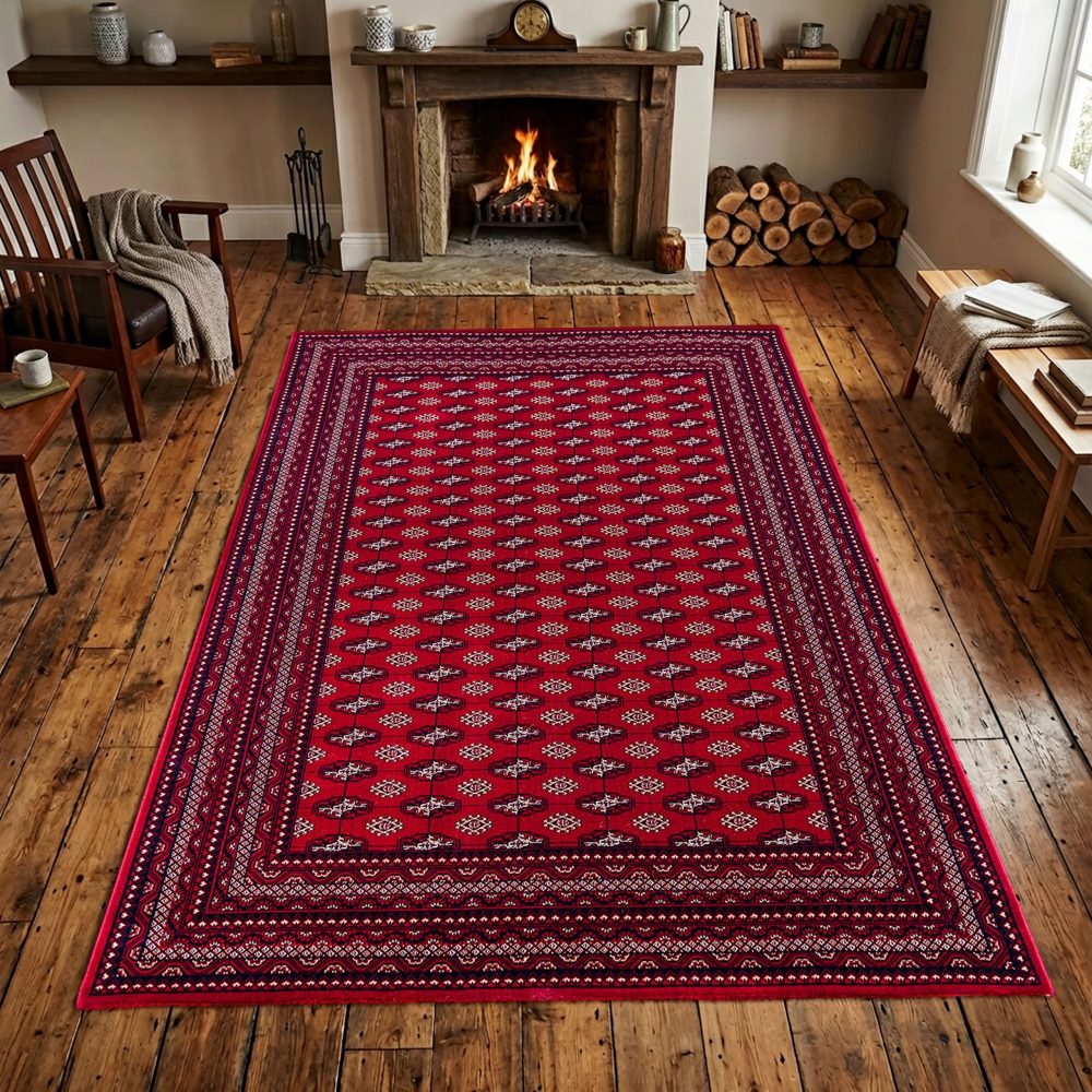Teppich Rot Dunkelblau mit klarer Geometrie und Rahmenstruktur