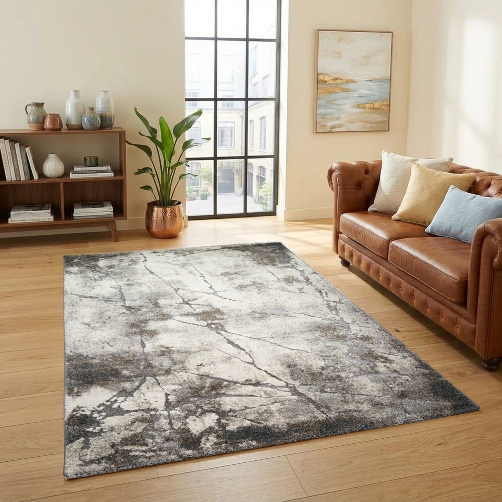 Design Teppich Creme Grau Steinoptik modern elegant Wohnbereich