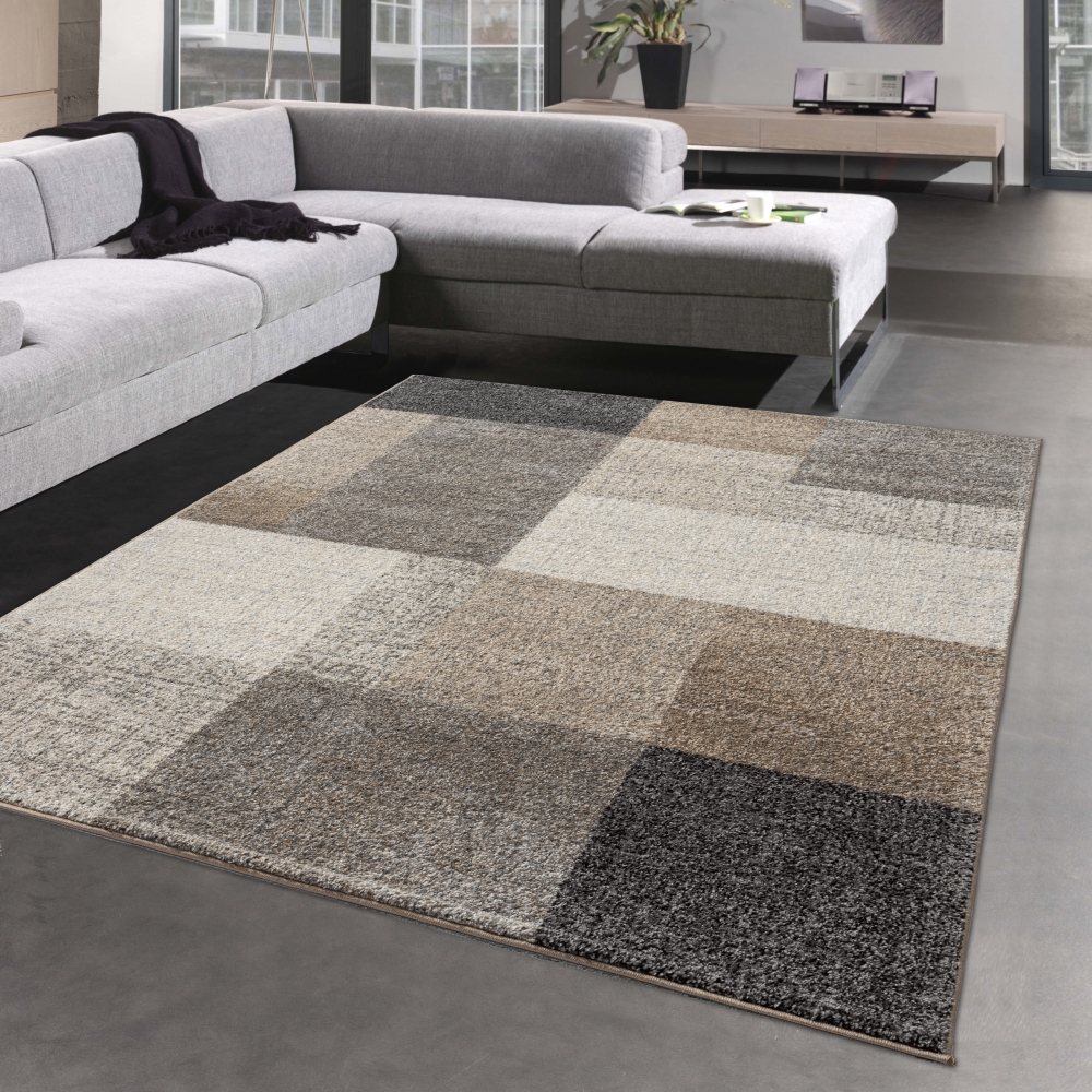 Modern abstrakter Designerteppich mit Quadraten in beige anthrazit