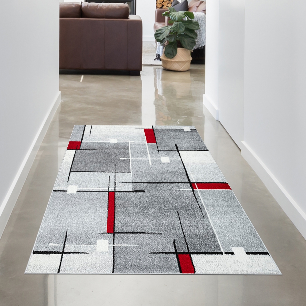 Designerteppich mit grafischem Muster – Grau, Rot & Weiß