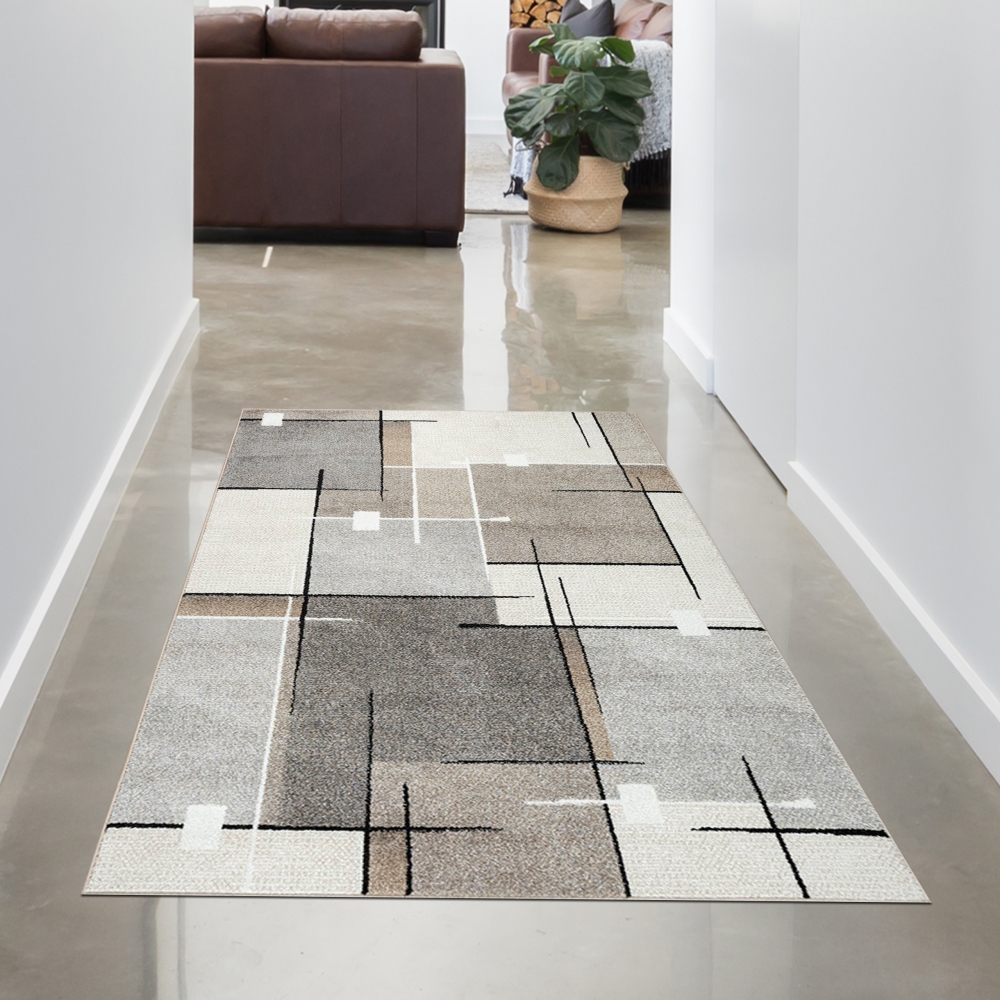 Moderner Teppich mit geometrischem Muster – Beige, Grau & Schwarz – Weich & pflegeleicht