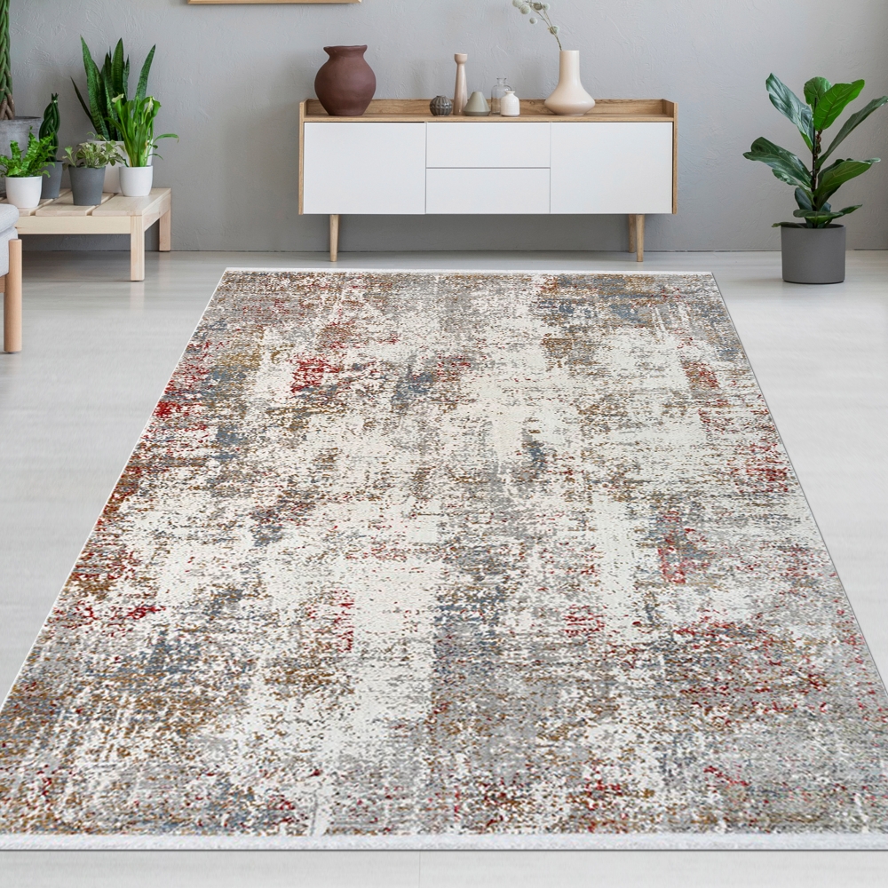 Abstrakt-klassischer Wollteppich Wohnzimmer beruhigend beige