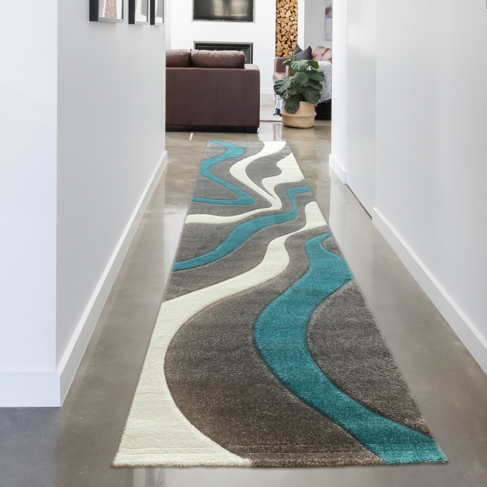 Moderner Teppich mit Wellenoptik | pflegeleicht | in türkis weiß & grau