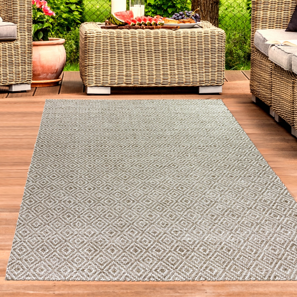 Außenteppich Balkon wetterbeständig flachgewebe im Rautendesign in beige