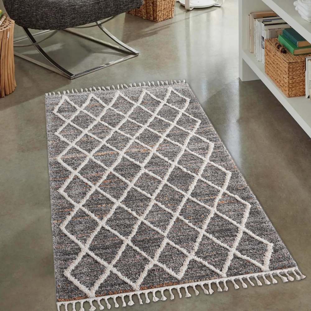 Moderner Hochflor Teppich • legeres 3D Orient Rautenmuster • braun grau