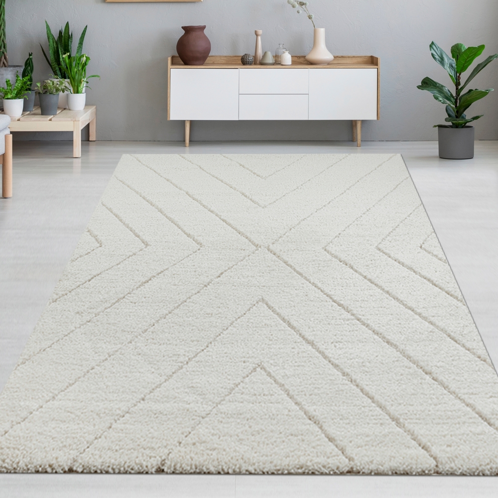 Zeitlose Eleganz: Stilvoller 3D-Teppich mit skandinavischem Rautenmuster in Weiß und Creme-beige