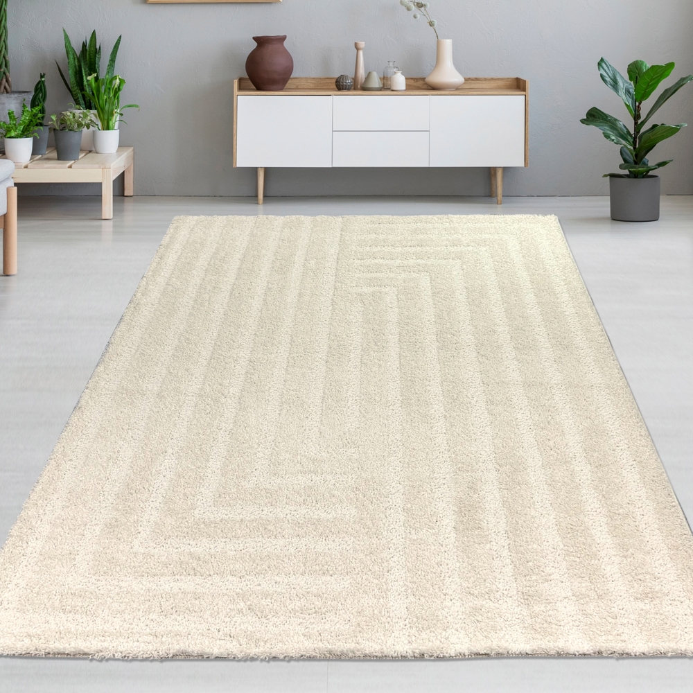 Flauschiger Wohnzimmer Teppich mit Linien Muster in Creme