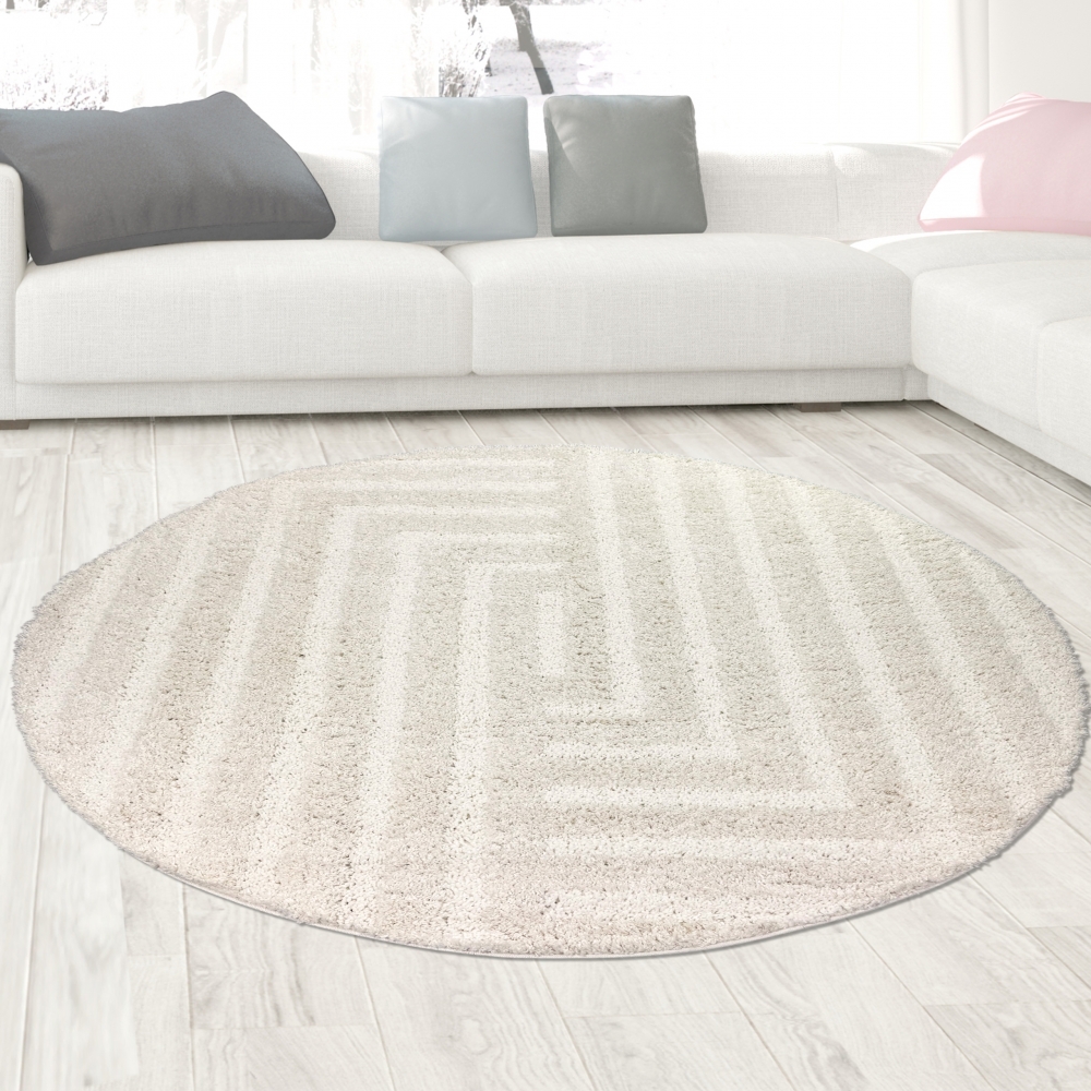 Flauschiger Wohnzimmer Teppich mit Linien Muster in Creme