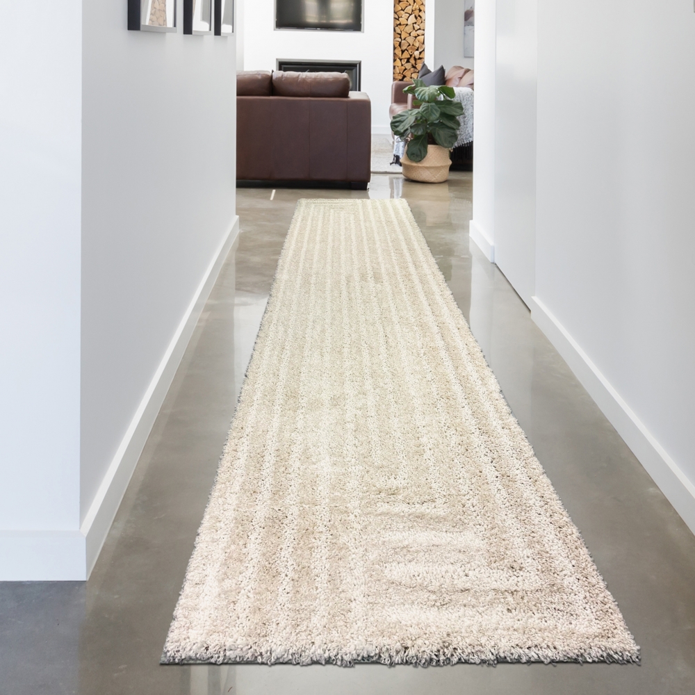 Flauschiger Wohnzimmer Teppich mit Linien Muster in Creme