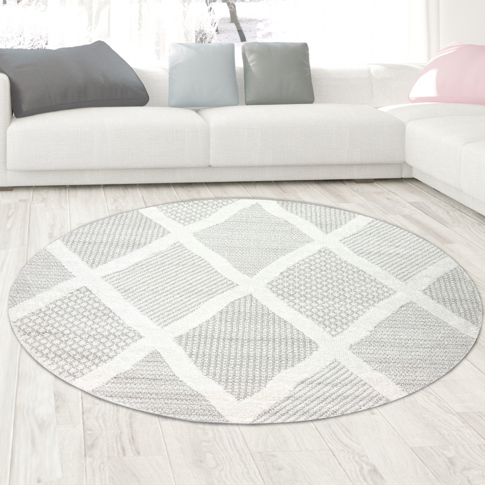 Wohnzimmer Schlafzimmer Teppich mit verschieden gemusterten Rauten in creme grau