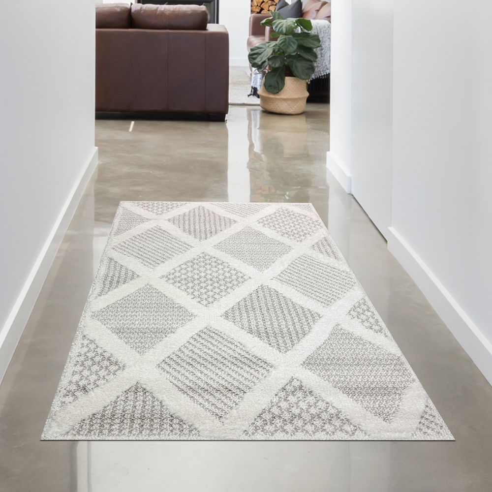 Wohnzimmer Schlafzimmer Teppich mit verschieden gemusterten Rauten in creme grau