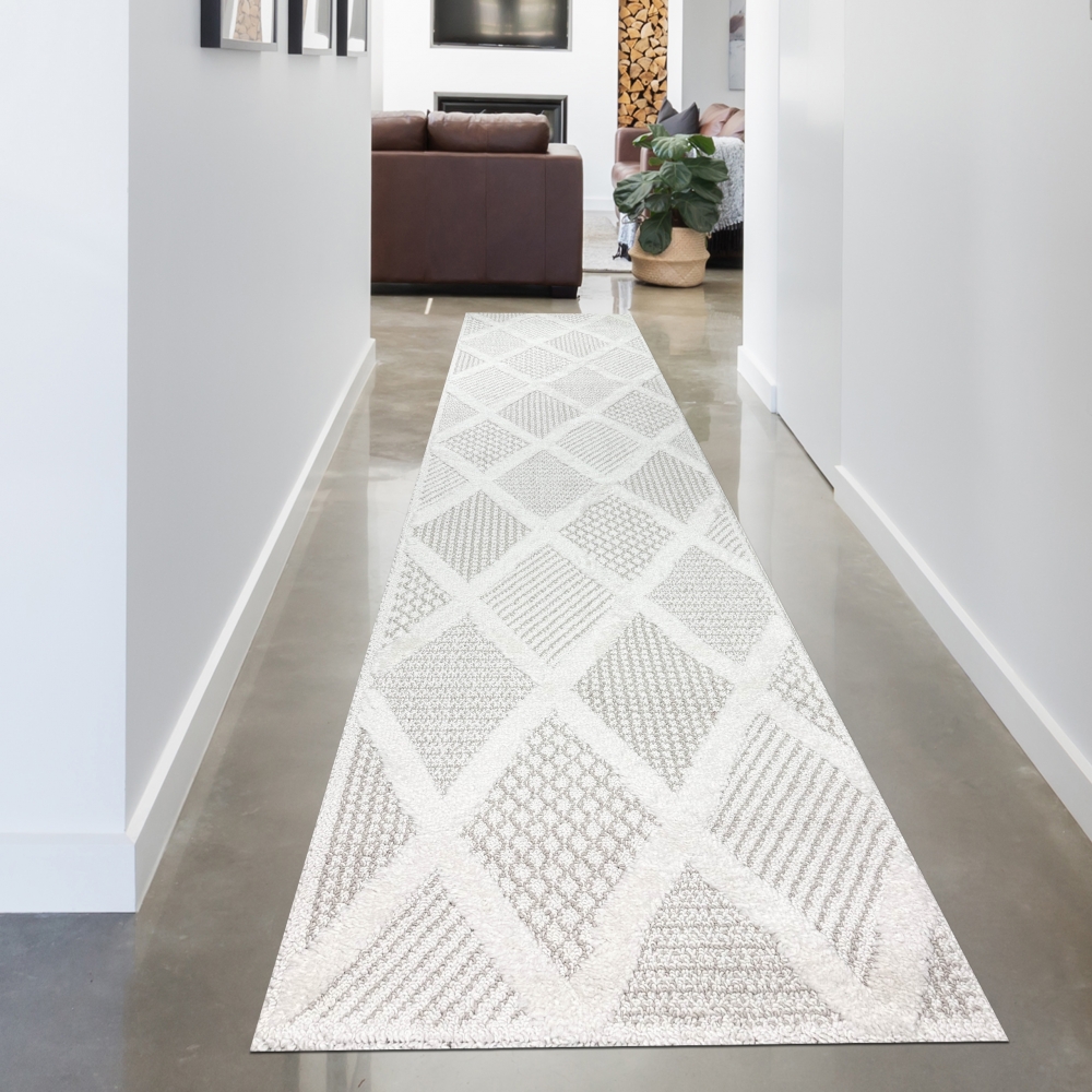 Wohnzimmer Schlafzimmer Teppich mit verschieden gemusterten Rauten in creme grau