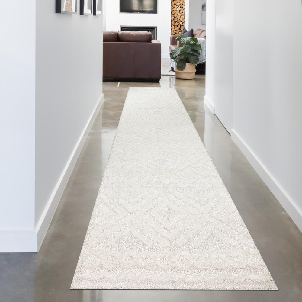 Hochflorteppich im Boho Style mit Kreis- und Rautenmster in Creme