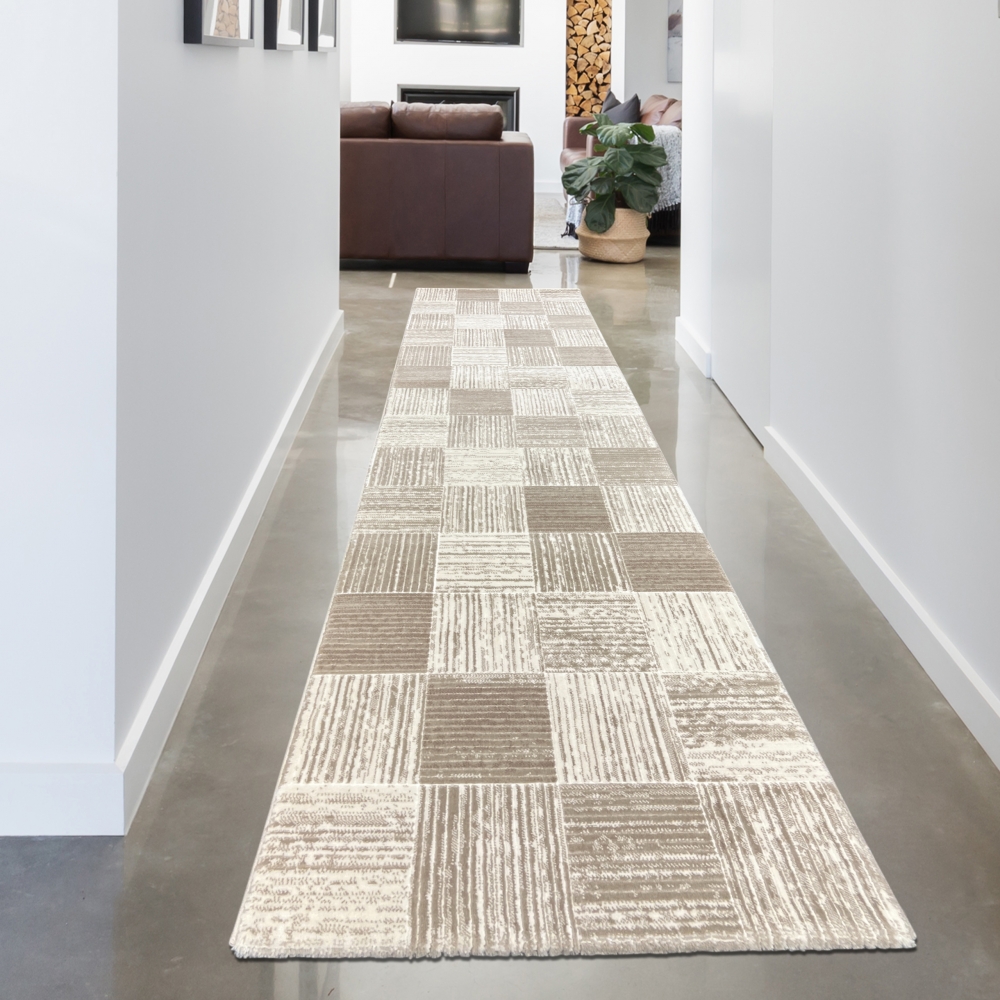 Designteppich mit modernem Karomuster Grau Beige Designteppich mit modernem Karomuster Grau Beige