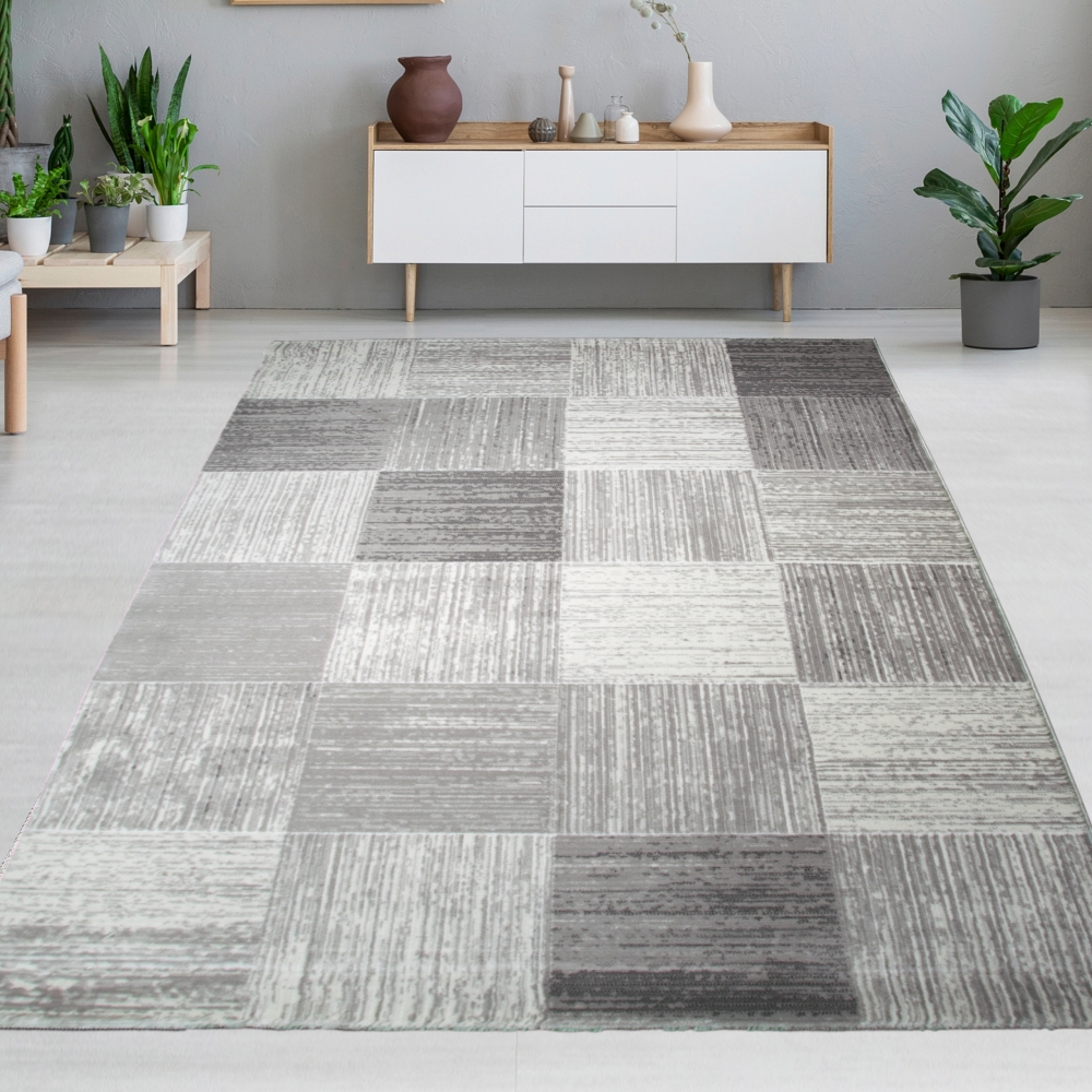 Designteppich mit modernem Karomuster Grau Beige Designteppich mit modernem Karomuster Grau Beige