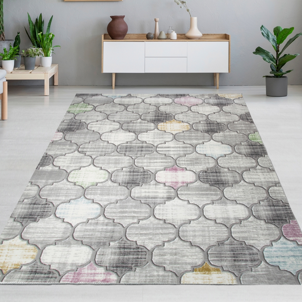 Designteppich mit marokkanischem Muster Grau mit farbigen Akzenten Designteppich mit marokkanischem Muster Grau mit farbigen Akzenten