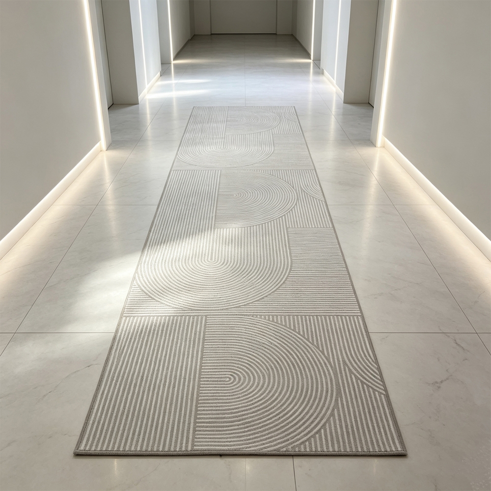 Designteppich Grau abstrakte Bögen präzise geometrische Linienoptik