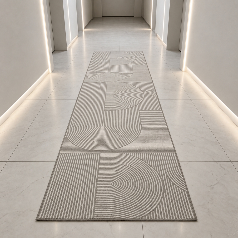 Designteppich Grau abstrakte Bögen präzise geometrische Linienoptik