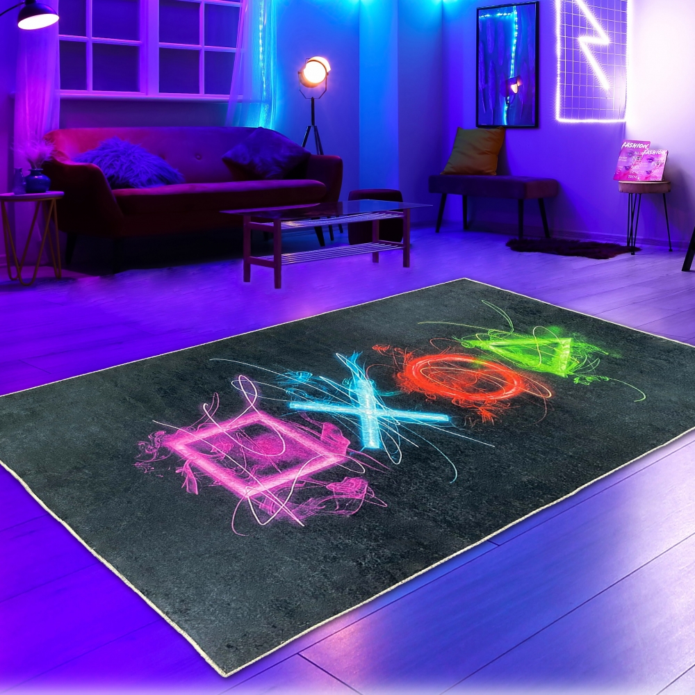 Gaming-Teppich mit lebendigen Neon-Farben und ikonischen Symbolen