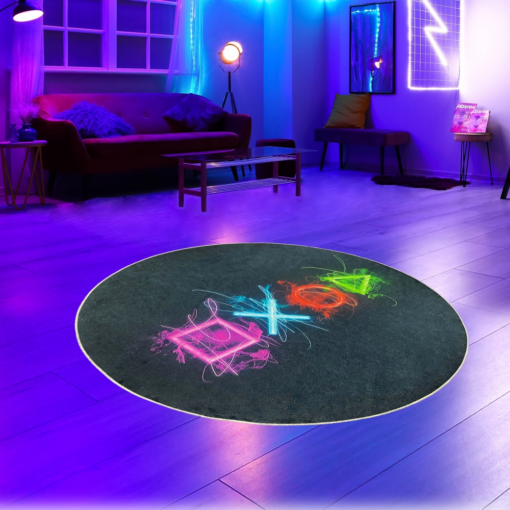Gaming-Teppich mit lebendigen Neon-Farben und ikonischen Symbolen