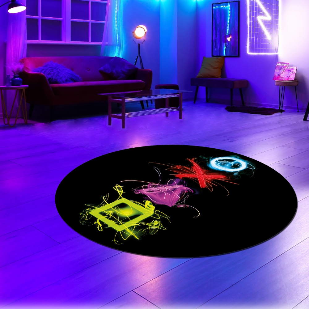 Gaming-Teppich mit lebendigen Neon-Farben und ikonischen Symbolen