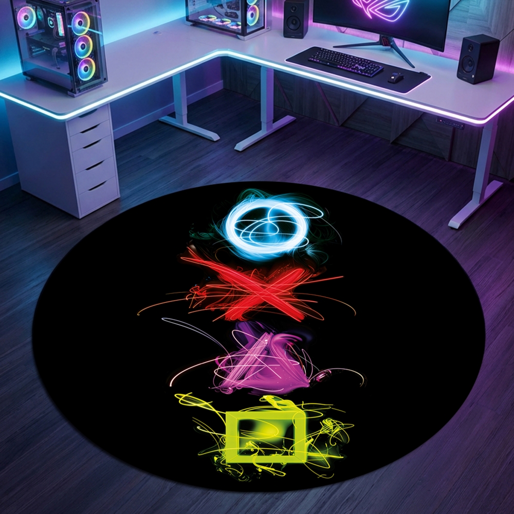 Gaming-Teppich mit lebendigen Neon-Farben und ikonischen Symbolen
