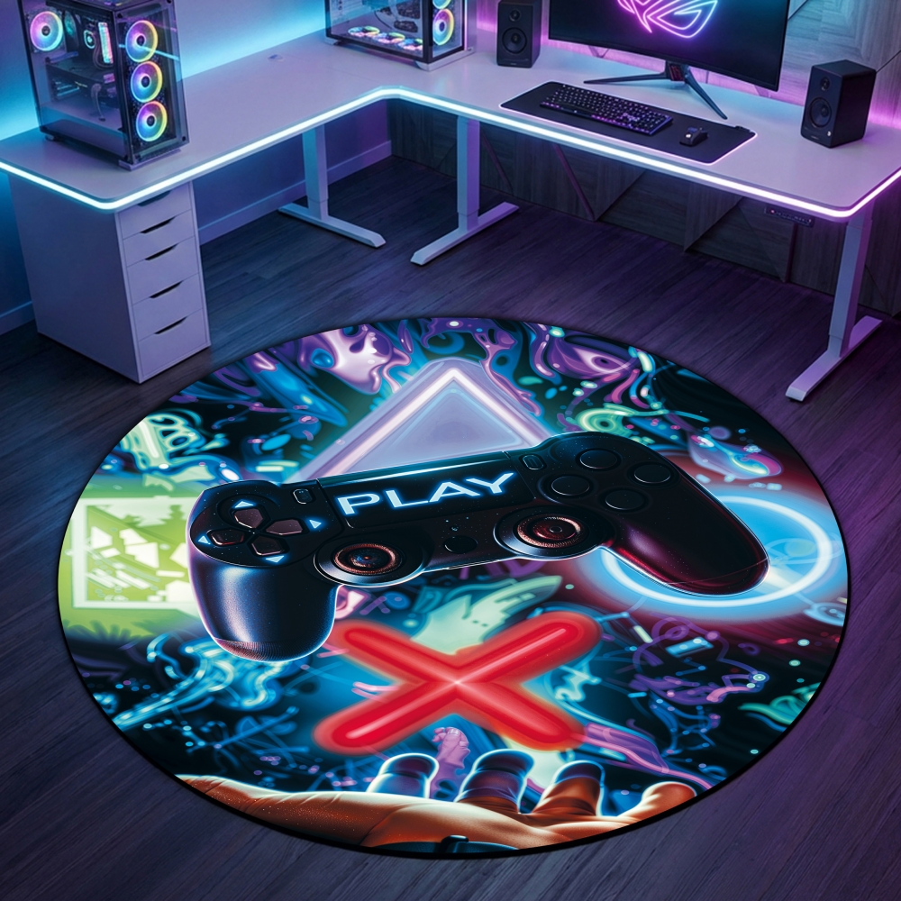 Auffälliger Gaming-Teppich mit lebendig-bunten neon-farbigen Symbolen und schwebendem Controller