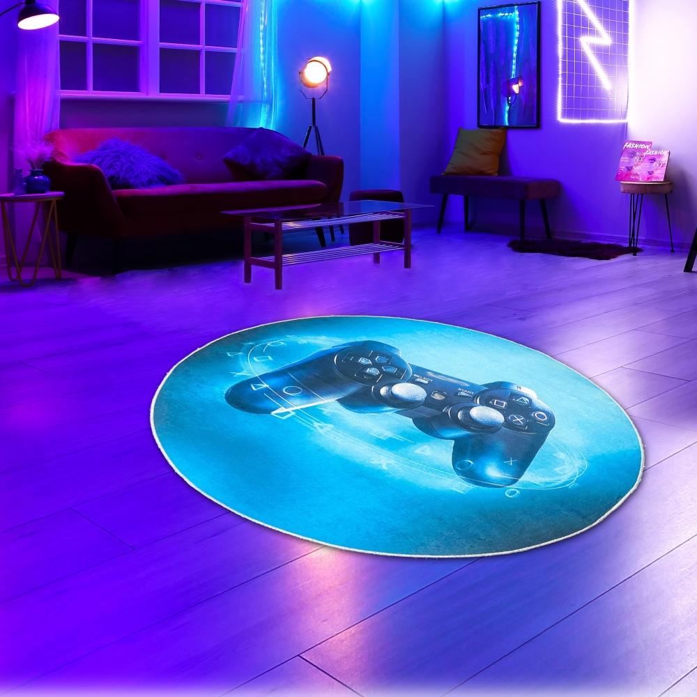 Fesselnder Gaming-Teppich mit lebendigen Neon-Farben und ikonischen Symbolen auf schwarzem Hintergrund