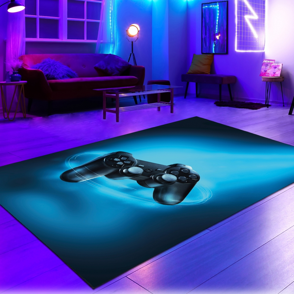 Fesselnder Gaming-Teppich mit lebendigen Neon-Farben und ikonischen Symbolen auf schwarzem Hintergrund