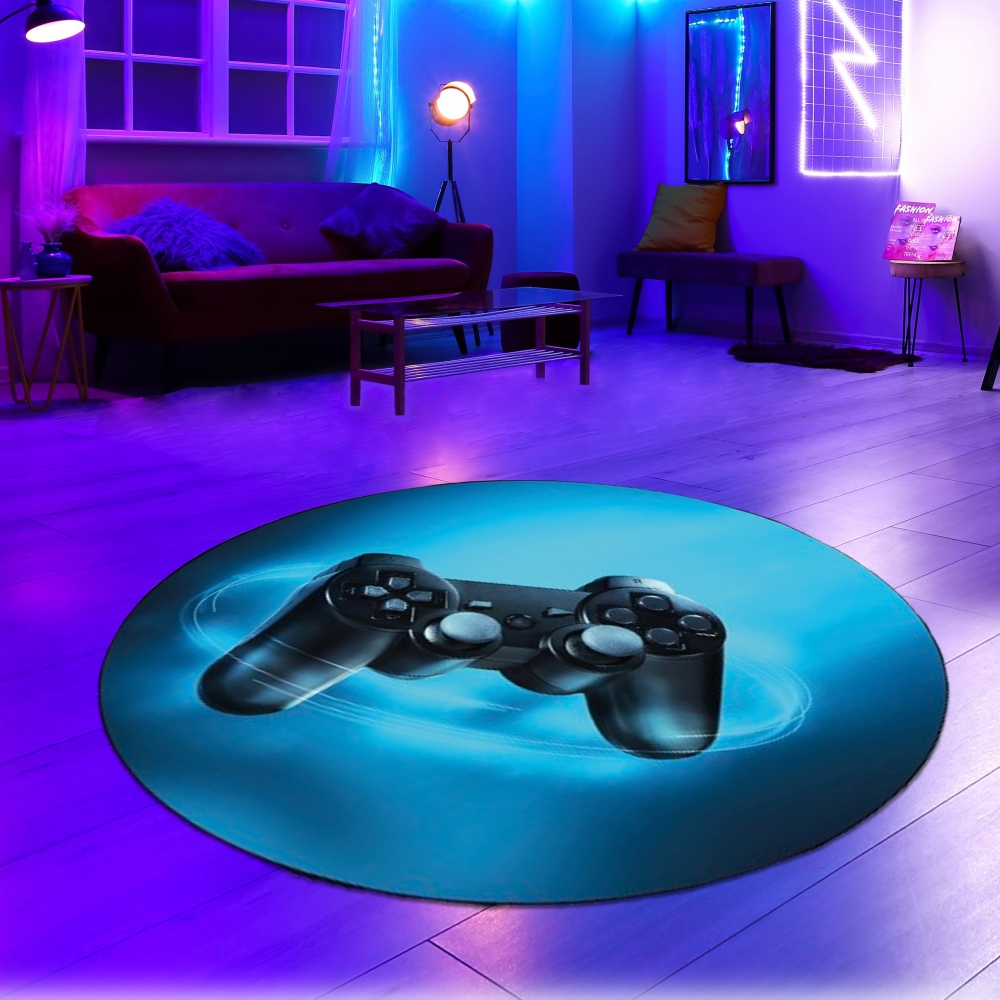 Fesselnder Gaming-Teppich mit lebendigen Neon-Farben und ikonischen Symbolen auf schwarzem Hintergrund