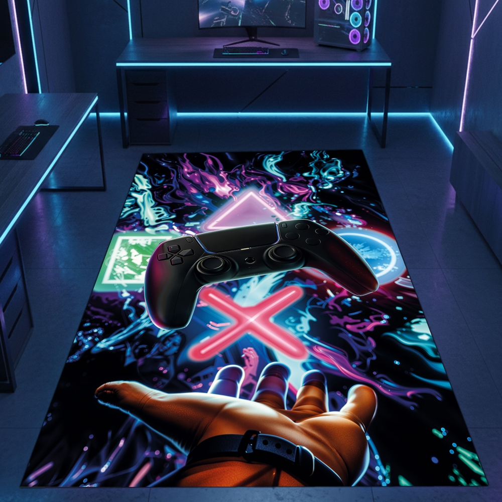 Auffälliger Gaming-Teppich mit lebendig-bunten neon-farbigen Symbolen und schwebendem Controller