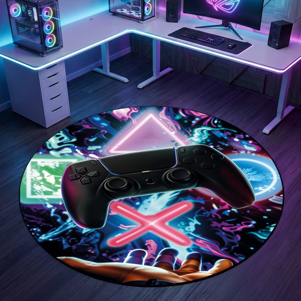 Auffälliger Gaming-Teppich mit lebendig-bunten neon-farbigen Symbolen und schwebendem Controller