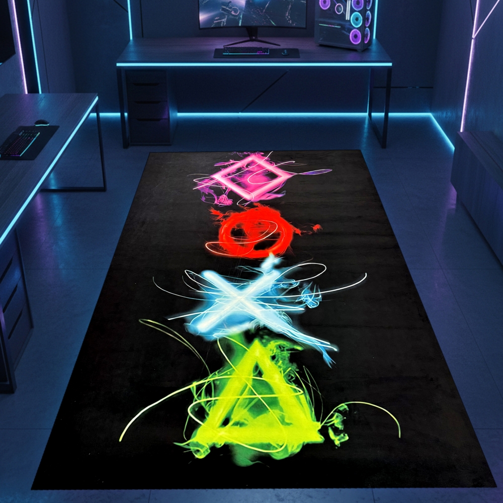 Gaming-Teppich mit lebendigen Neon-Farben und ikonischen Symbolen