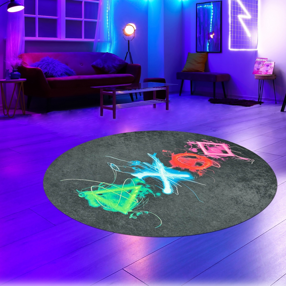 Gaming-Teppich mit lebendigen Neon-Farben und ikonischen Symbolen