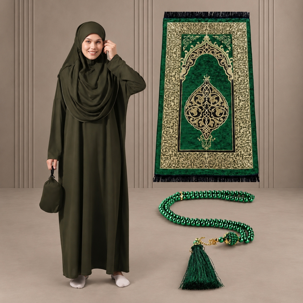 Dunkelgrünes Gebetsset mit Kleid Gebetsteppich und Zählkette