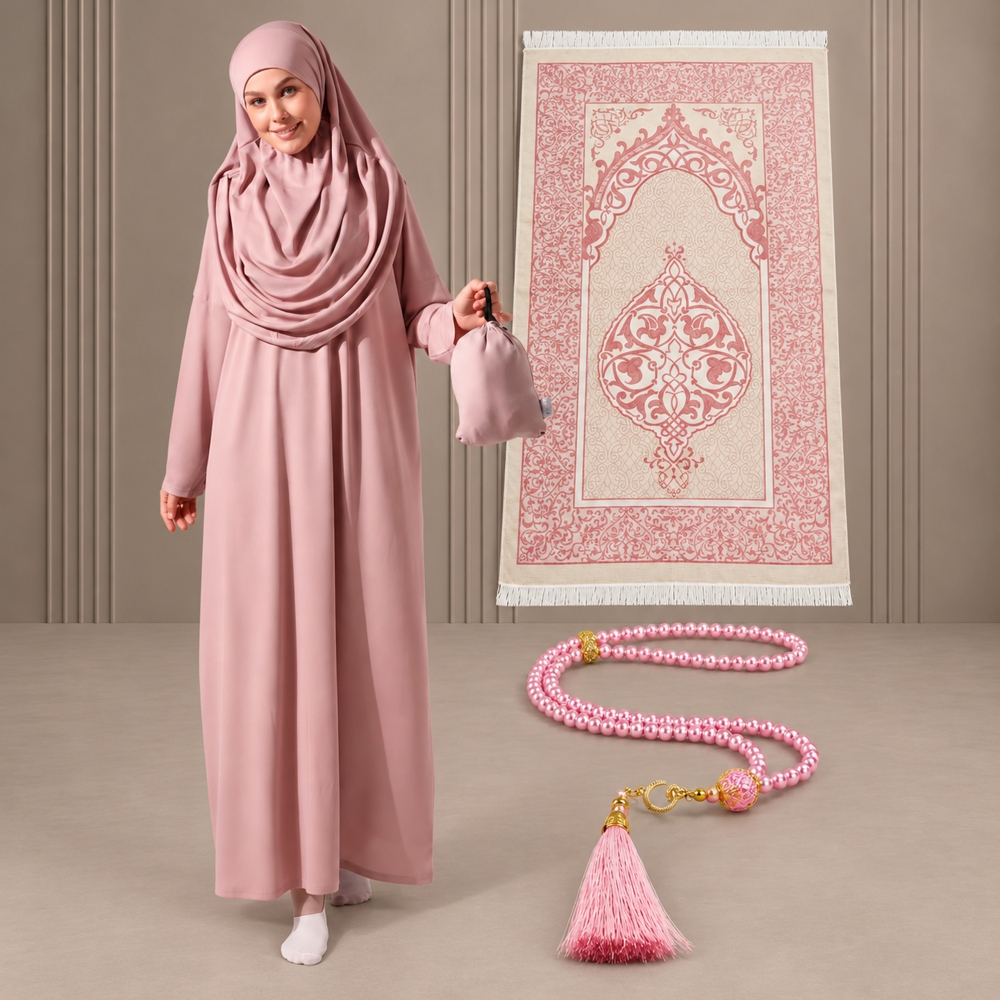 Rosa Gebetsset mit ornamentiertem Teppich Gebetskleid und Kette