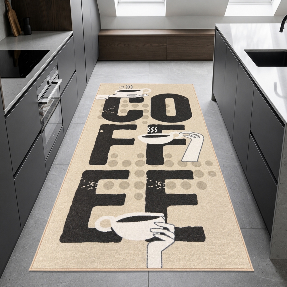 Grafischer Küchenteppich Beige mit Coffee-Typografie und Tassen