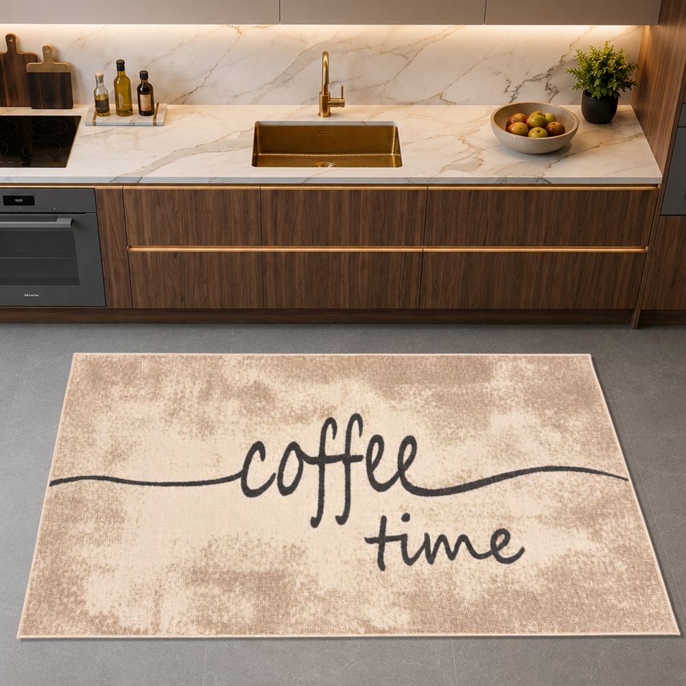 Grafischer Küchenteppich Beige mit Coffee-Time-Typografie und Linie