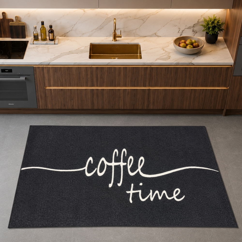 Grafischer Küchenteppich Schwarz mit Coffee-Time-Typografie und Linie