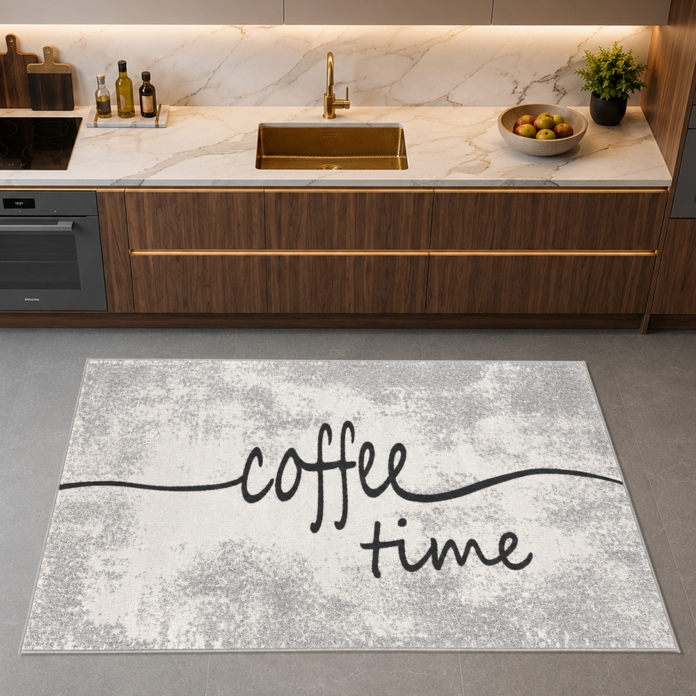 Grafischer Küchenteppich Grau mit Coffee-Time-Typografie und Struktur