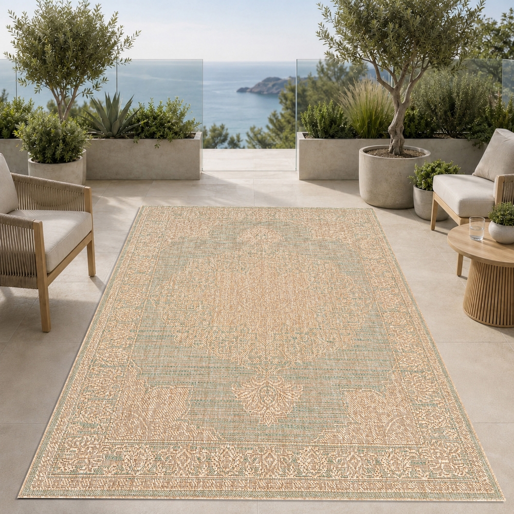 Teppich Grün Braun Ornament In & Outdoor