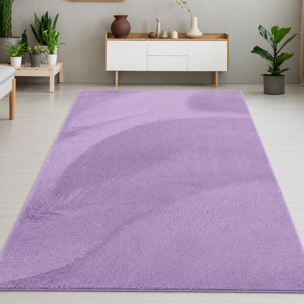 Teppich Flieder moderne Felloptik samtweicher Kurzflor Wohnzimmer