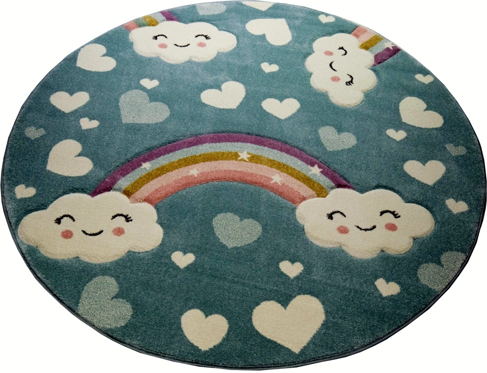 Kinderteppich Kinderzimmerteppich Babyteppich Regenbogen und Wolken blau